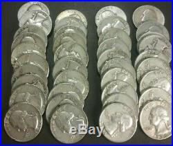 $10 Face Value 90% Silver Washington Quarters Full Roll Of 40 FULL DATES