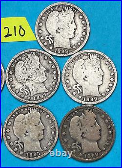 1892-1899 Silver Barber Quarter Roll of 10 Coins 90% Silver Quarters #BQ210