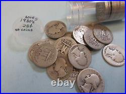 1930's Silver 25 Cents Washington Quarters 40 ct. Roll (Lot #5)
