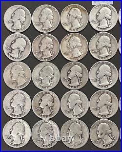1940-1949 Washington SILVER Quarters Roll of 40 CIRCULATED Coins #W800