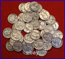 1951, 56, 57 & 58 all D Washington Quarters 10 each 40 coin roll circ 90% Silver