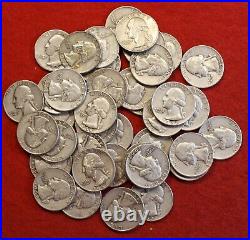 1952, 53, 57 & 58 all D Washington Quarters 10 each 40 coin roll circ 90% Silver