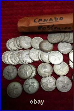 1960-1967 CANADIAN 80% SILVER Bullion Quarters, FULL ROLL of (40) Quarters, Circ