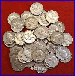 1961, 62, 63 & 64 all D Washington Quarters 10 each 40 coin roll circ 90% Silver