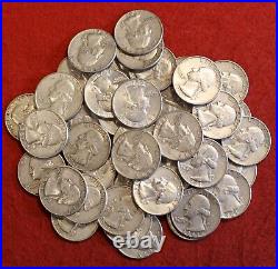 1961-D Washington Quarters 40 coin roll circulated 90% Silver R1