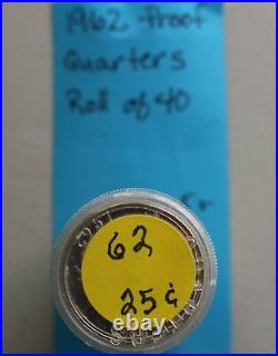 1962 Silver Proof Washington Quarter 40 Coin Roll 25c Forty 25 Cents in Tube