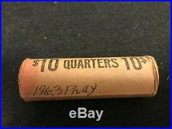 1963 P Uncirculated Roll Washington Quarter $10 BU 90% Silver Original Bank Roll