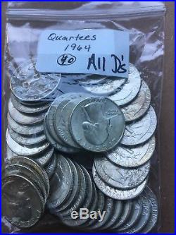 1964 All D Denver Mint Silver Washingtons Quarter Coins Lot 1 Roll 40 Coins