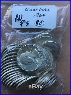 1964 All Philadelphia Mint Silver Washingtons Quarter Coins Lot 1 Roll 40 Coins