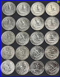 1964 D Washington Quarters Roll 40 BRILLIANT UNCIRCULATED Silver Quarters WD150