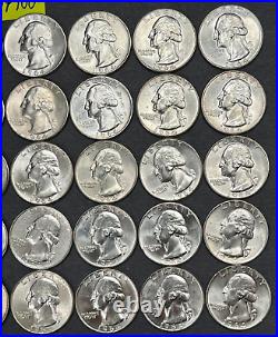 1964 P Washington Quarters Roll 40 BRILLIANT UNCIRCULATED 90% Silver Coins WP100