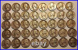 40 Silver Washington Quarters 1940-1959 P-d-s 25c $10 Fv Roll All Different