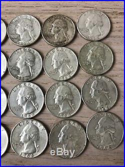 40 Washington Quarters All Dated 1964 Mixed Mints Full Roll of 90% Silver Coins