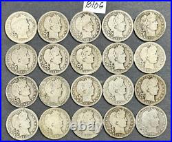 Barber Silver Quarters Lot Roll of 20 Coins 1892-1916 Silver Quarter Lot #B10G