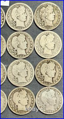 Barber Silver Quarters Lot Roll of 20 Coins 1892-1916 Silver Quarter Lot #B10G