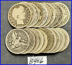Barber Silver Quarters Roll Lot of 20 Coins 1893-1916 Silver Quarter Lot #B40G