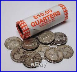 Circulated, Assorted Roll of 40 Silver Washington Quarters
