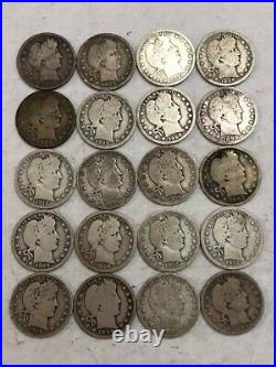 Half-ROLL of 20 Good-VG BARBER silver quarters. #6
