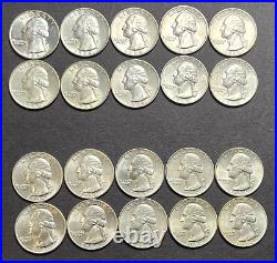 Half Roll of 20 Very Nice 1964-D Washington Silver Quarters