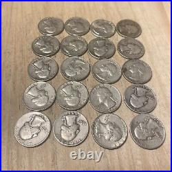Half Roll of 20 Washington Quarters 90% Silver $5.00 Face