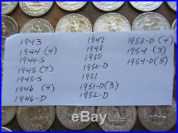 Lot Of 40 (1 roll) Washington 90% Silver Quarters All AU BU 1943 1954 WOW