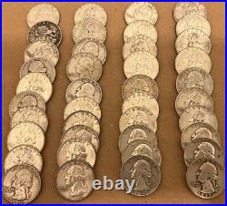 Lot Of 40 Mixed Date Washington Silver Quarters 90% Silver Roll $10 Face Value
