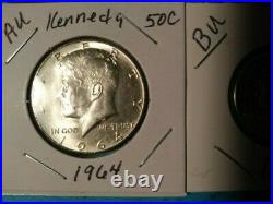 Lot of 1883 Morgan $1, AU, 3 half dollars, 2 quarters, 90% silver, 1 roll 5C