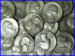 Lot of 40 Washington Quarters $10 Face Roll 90% Silver Coins 1940s-1950s-1960s