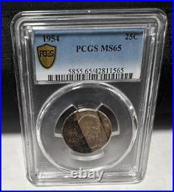 MS65 1954 25C Washington Silver Quarter, PCGS Tape Roll Rainbow Toned