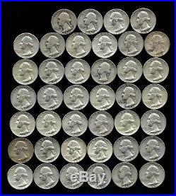 ONE ROLL OF WASHINGTON QUARTERS (1934-64) 90% Silver (40 Coins) LOT A54