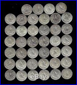 ONE ROLL OF WASHINGTON QUARTERS (1934-64) 90% Silver (40 Coins) LOT E13