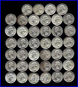 ONE ROLL OF WASHINGTON QUARTERS (1934-64) 90% Silver (40 Coins) LOT L25