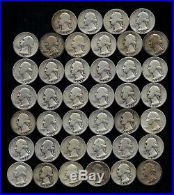 ONE ROLL OF WASHINGTON QUARTERS (1935-49) 90% Silver (40 Coins) LOT E42