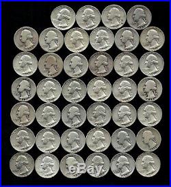 ONE ROLL OF WASHINGTON QUARTERS (1935-64) 90% Silver (40 Coins) LOT A58