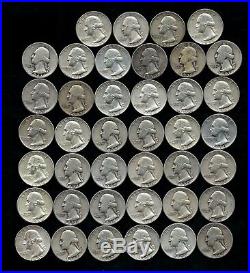 ONE ROLL OF WASHINGTON QUARTERS (1935-64) 90% Silver (40 Coins) LOT C30