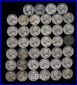 ONE ROLL OF WASHINGTON QUARTERS 90% Silver (40 Coins) WORN/DAMAGED J42