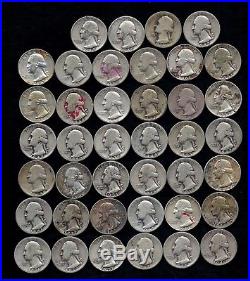 ONE ROLL OF WASHINGTON QUARTERS 90% Silver (40 Coins) WORN/DAMAGED J44