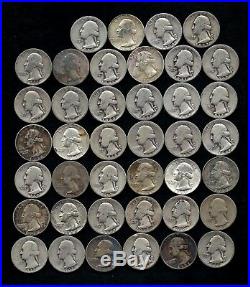 ONE ROLL OF WASHINGTON QUARTERS 90% Silver (40 Coins) WORN/DAMAGED J45