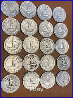 Old $5.00 Roll Of Washington Quarters - 90% Silver - 20 Us Mint Coins