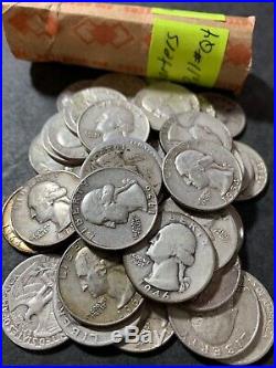 One Roll Circulated Washington Quarters 1930's 1960's 90% Silver, Roll #q4