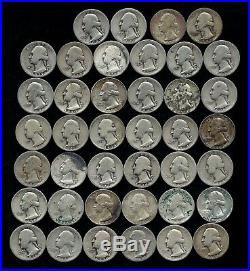 One Roll Of Washington Quarters 90% Silver (40 Coins) Worn/damaged T64