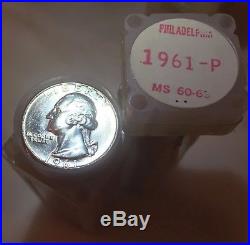 Original Gem BU Roll of 40 1961-P Washington Quarter Coins, Lustrous 90% Silver