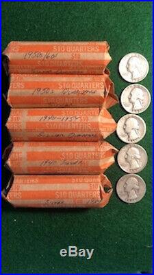 Quarter $10 silver coin rolls (5 Roll Lot)Dates Vary 1930s -1960s