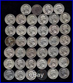 ROLL OF WASHINGTON QUARTERS 90% Silver (40 Coins) WORN/DAMAGED LOT B79