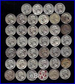 ROLL OF WASHINGTON QUARTERS 90% Silver (40 Coins) WORN/DAMAGED LOT T145