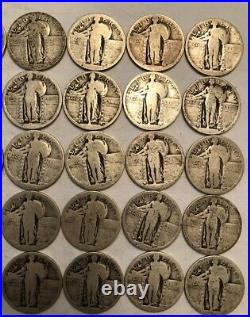 ROLL of 40 Standing Liberty silver quarter dollars. Pre-1925 with dates worn. #1