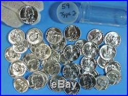 Rare Uncirculated Roll of 1959 P Type B Rev Washington Silver Quarters Proof Rev