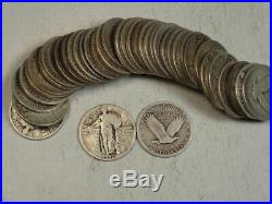 Roll 40 Circulated Standing Liberty Quarters, 4 DIGIT FULL DATES 90% SILVER ROLL