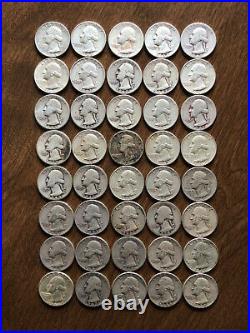 Roll Of 40 1964 or earlier 90% Silver Washington Quarters $10 Face Value