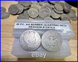 Roll Of 40 Well Mixed Average Ag Silver Barber Quarters With Readable Dates